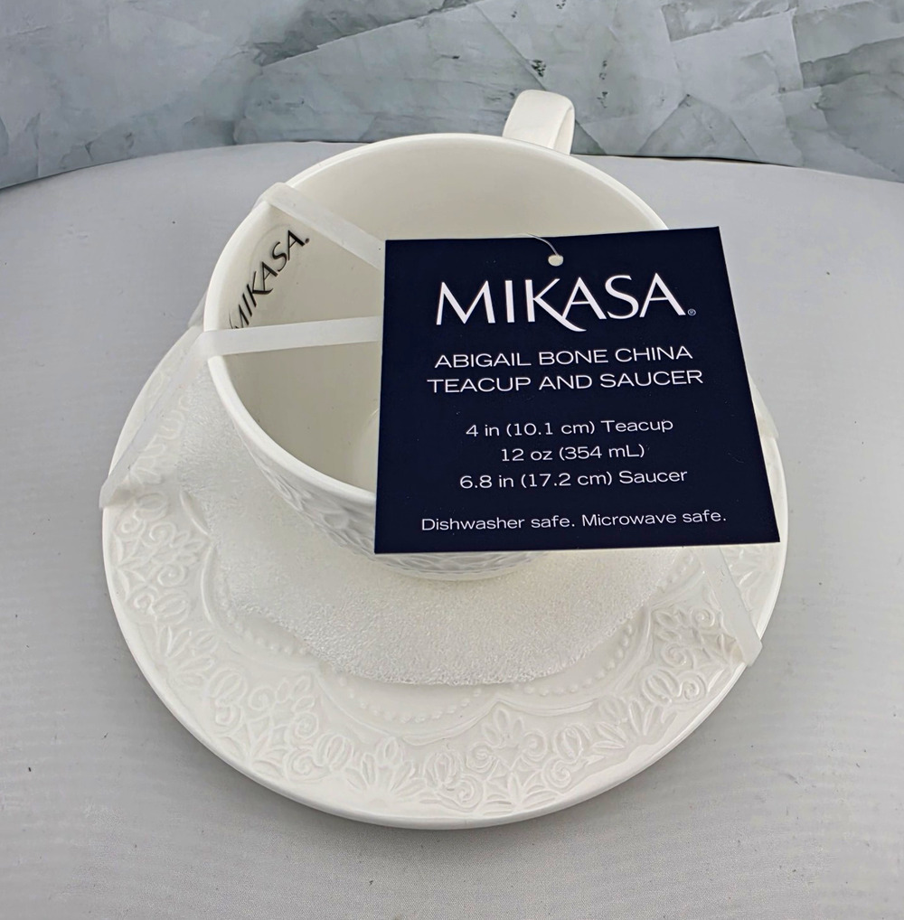 Mikasa Abigail Bone China Tea Cup & Saucer Set White 12 oz 2-Piece Dishwasher